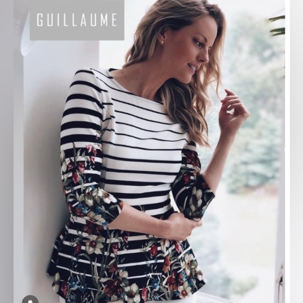Guillaume Black & White Striped Floral Peplum Tunic